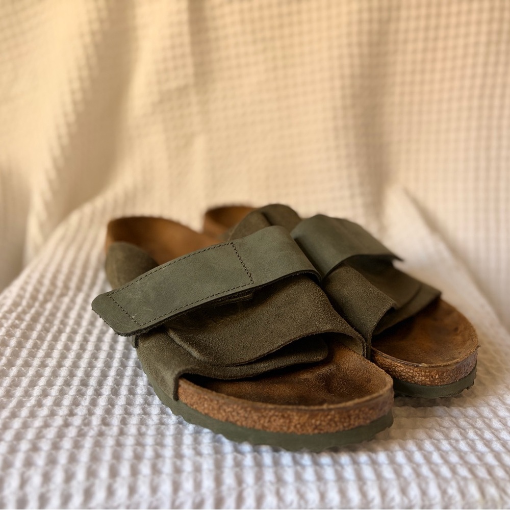 Birkenstock Kyoto Olive Green Suede Slide Sandals